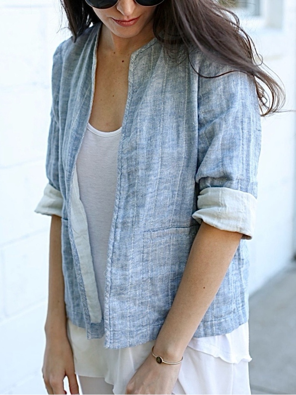 Eileen Fisher Quilted Organic Linen Cotton Chambray Jacket size LG